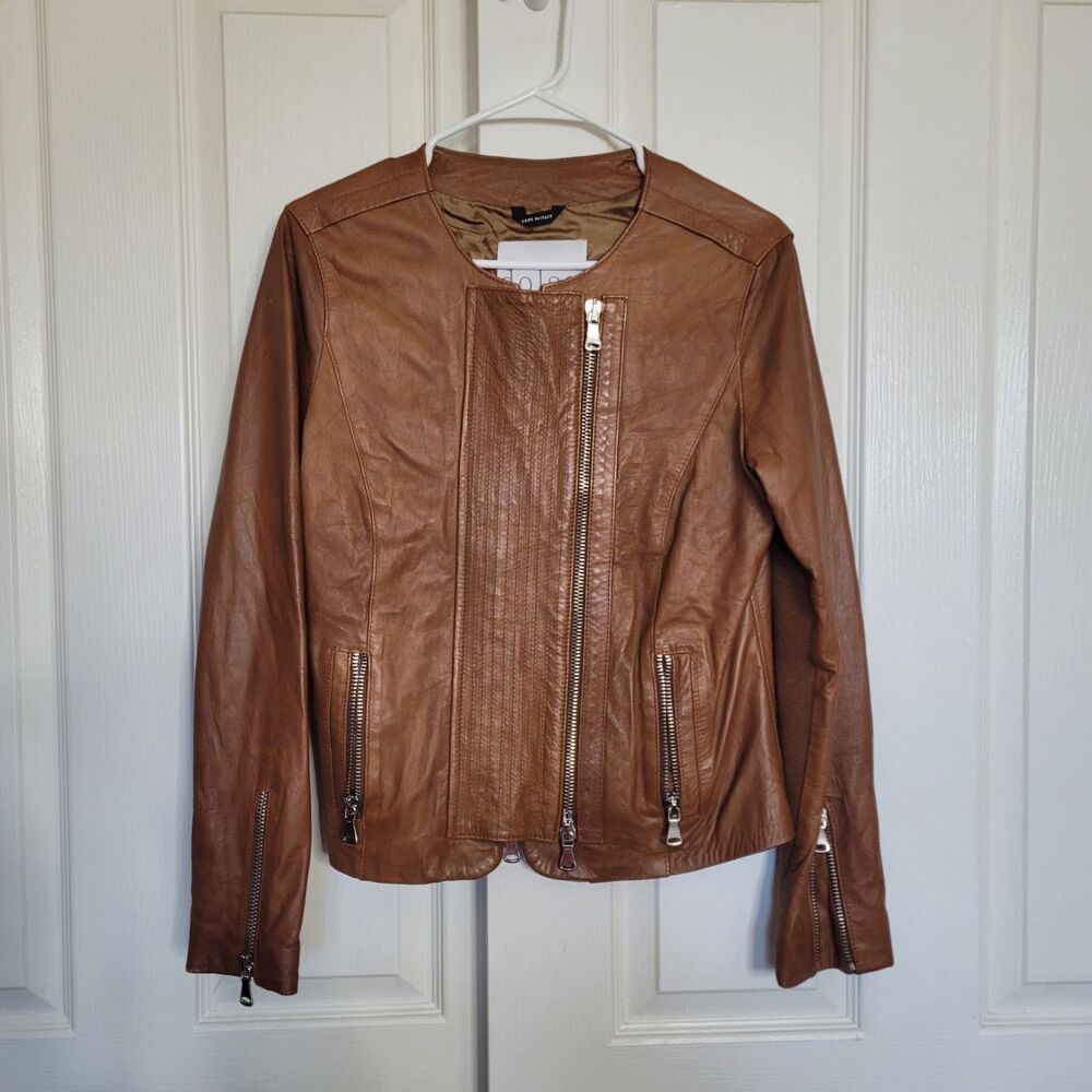 Anthropologie Dolan Womens Brown Genuine Leather Full Zip Moto Jacket Sz L Italy